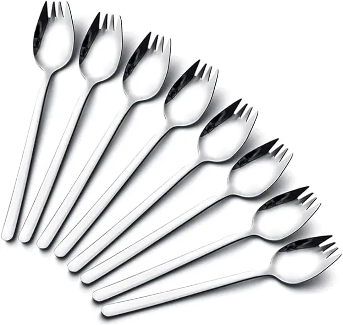 8-Piece 7.4-Inch Stainless Steel Salad Forks Long Handle, Ultra Lightweight, Salad Spoon & Fork 2-in-1 Portable, Ideal for Pasta Dessert, Household Outdoor Flatware Set