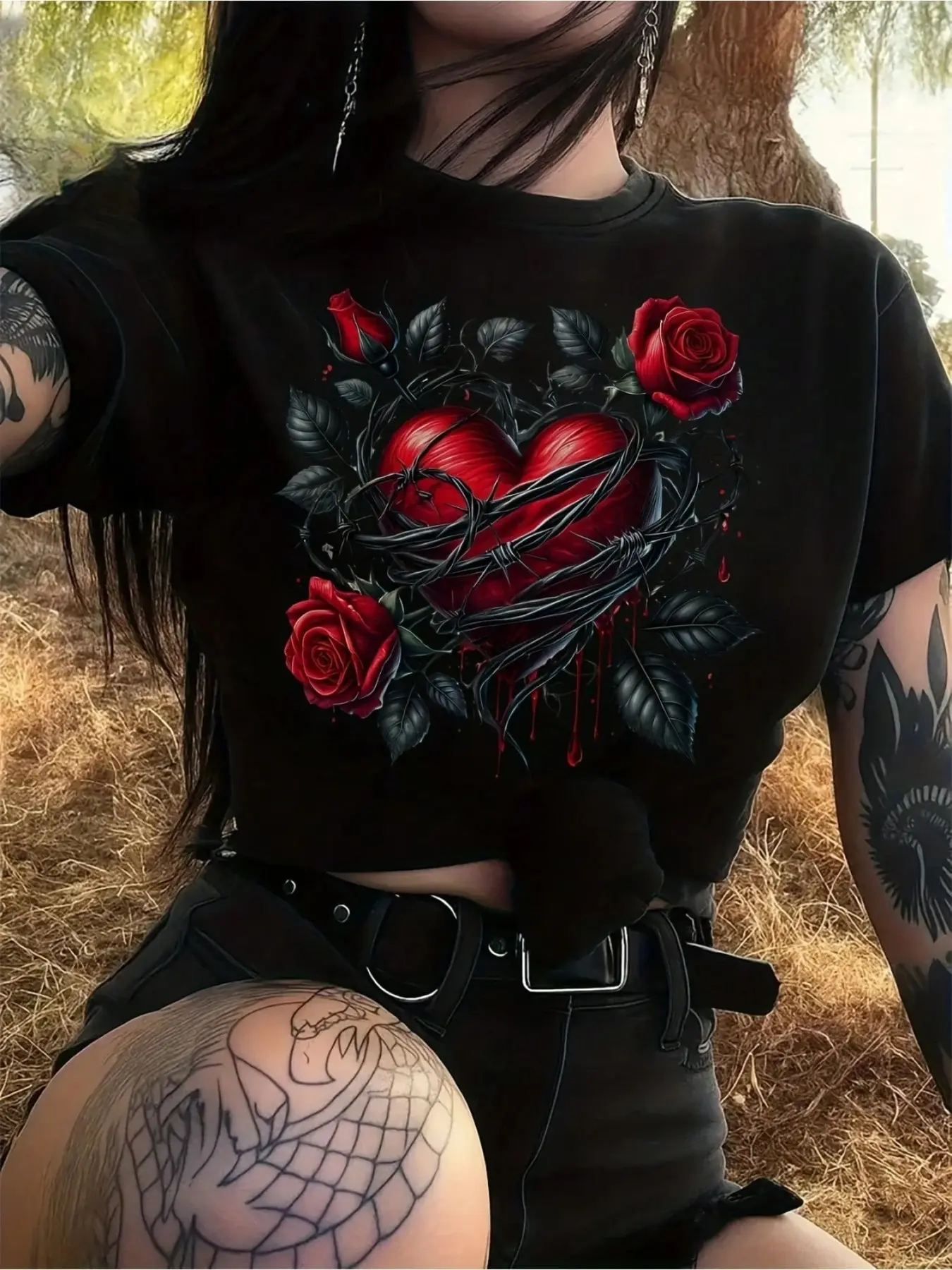 "Barbed Wire Heart & Roses" Gothic Graphic T-Shirt, Y2K Dark Academia Streetwear, Fashion, Oversized, Loose Fit, Round Neck, Premium Cotton, Emo Punk, Casual Grunge Tee for Women & Men, Edgy Tattoo-Inspired Street Style Top for Everyday Streetwear