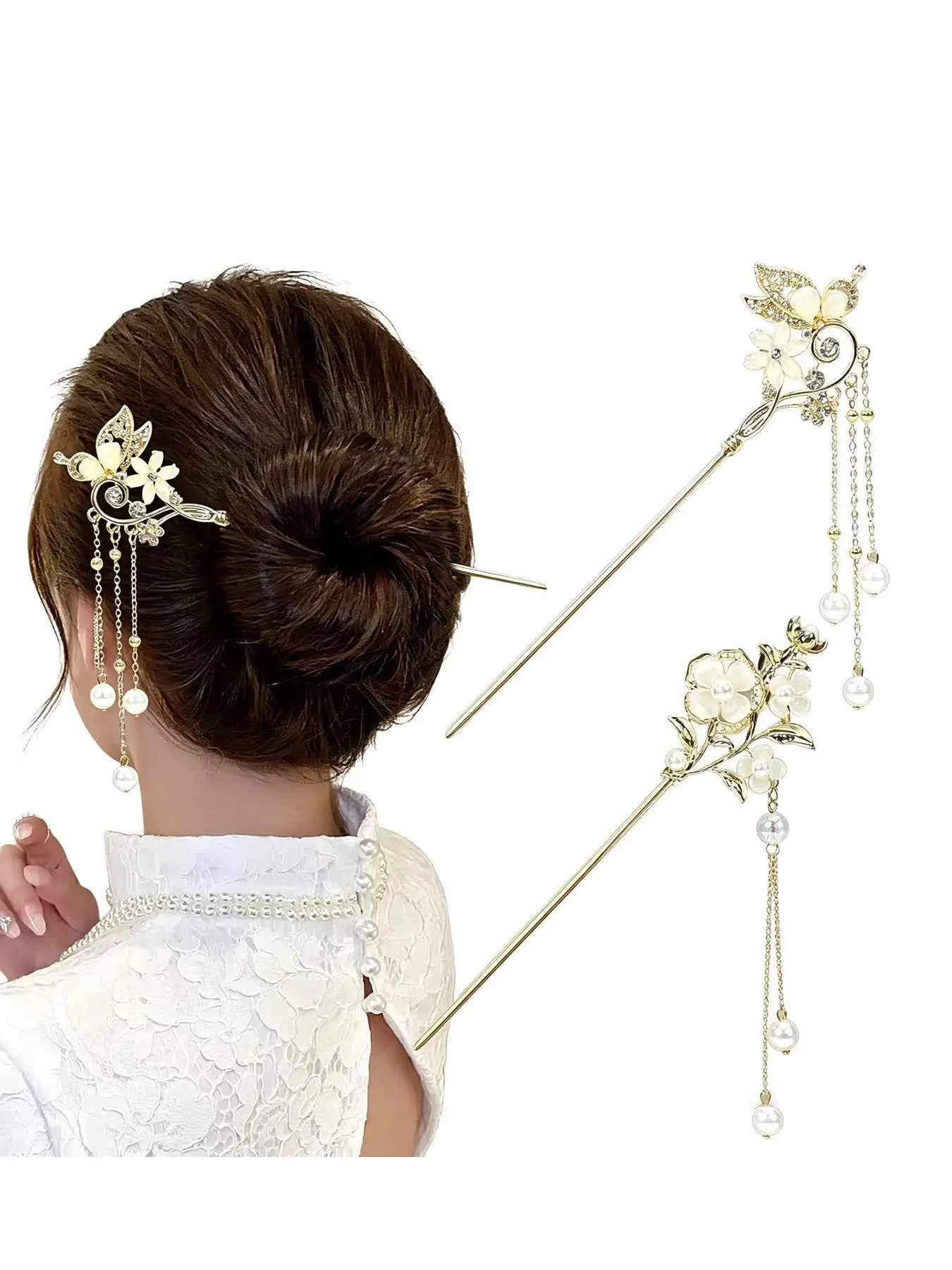 2packs Lily of the Valley Hair Sticks, Pearl Flower Vintage Metal Hair Chopsticks, Dangle Tassel Pendant, Hanfu Handmade Decor Hairpin, Hair Bun Accessories, Flower Hair Clip, Hair Flower Clips, Hair Pins For Buns
