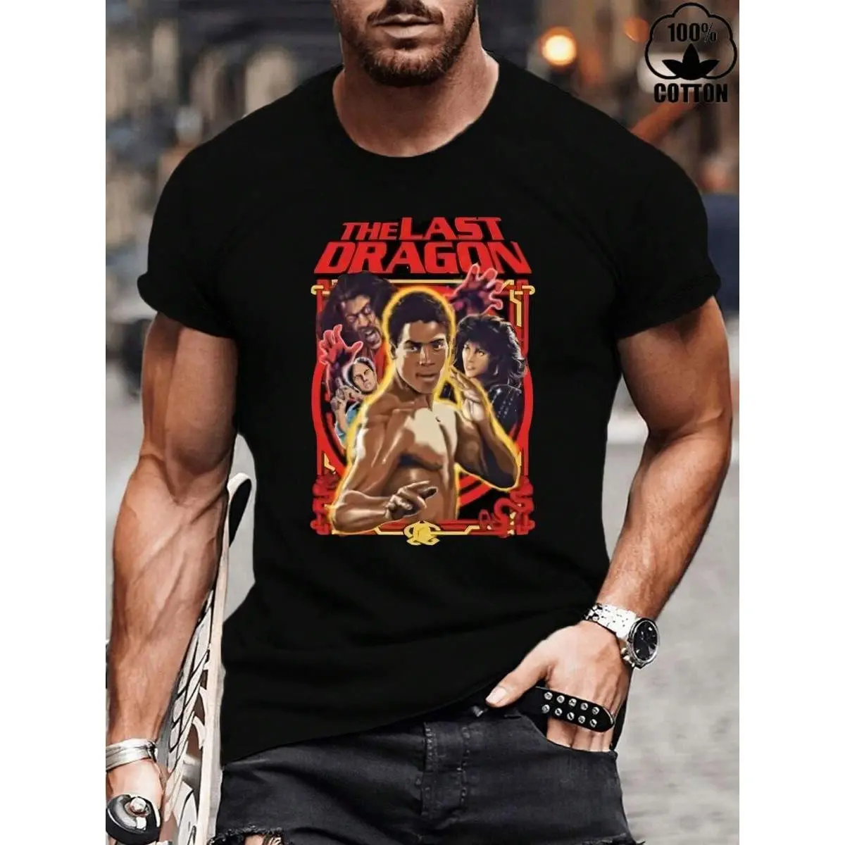 Happy Valentine'S Day Men's The Last Dragon Bruce Leroy 80's Movie Round Neck Casual T-Shirt, 220gsm Heavy Pure Cotton T-Shirt(1PC) -Versatile Basic T Shortsleeve Basketball Hem Menswear Top Outdoor Tshirt Streetwear Activewear Athletic Tropical Crewneck