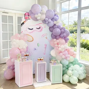 Spa & Makeup Themed Double-Sided Arch Cover, Pink Beauty Print Spandex Chiara Backdrop Cover for Girls Spa Night, Sleepover, Slumber Party & Bachelorette Decor