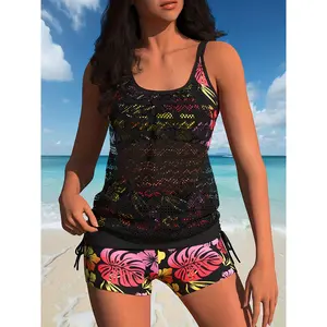 Women's New Tankini Swimsuits Set - Tropical Print Bathing Suit with Mesh Splicing, Spring Glow Mesh Top, Bikini Sets,chic design,mesh top,sport bra