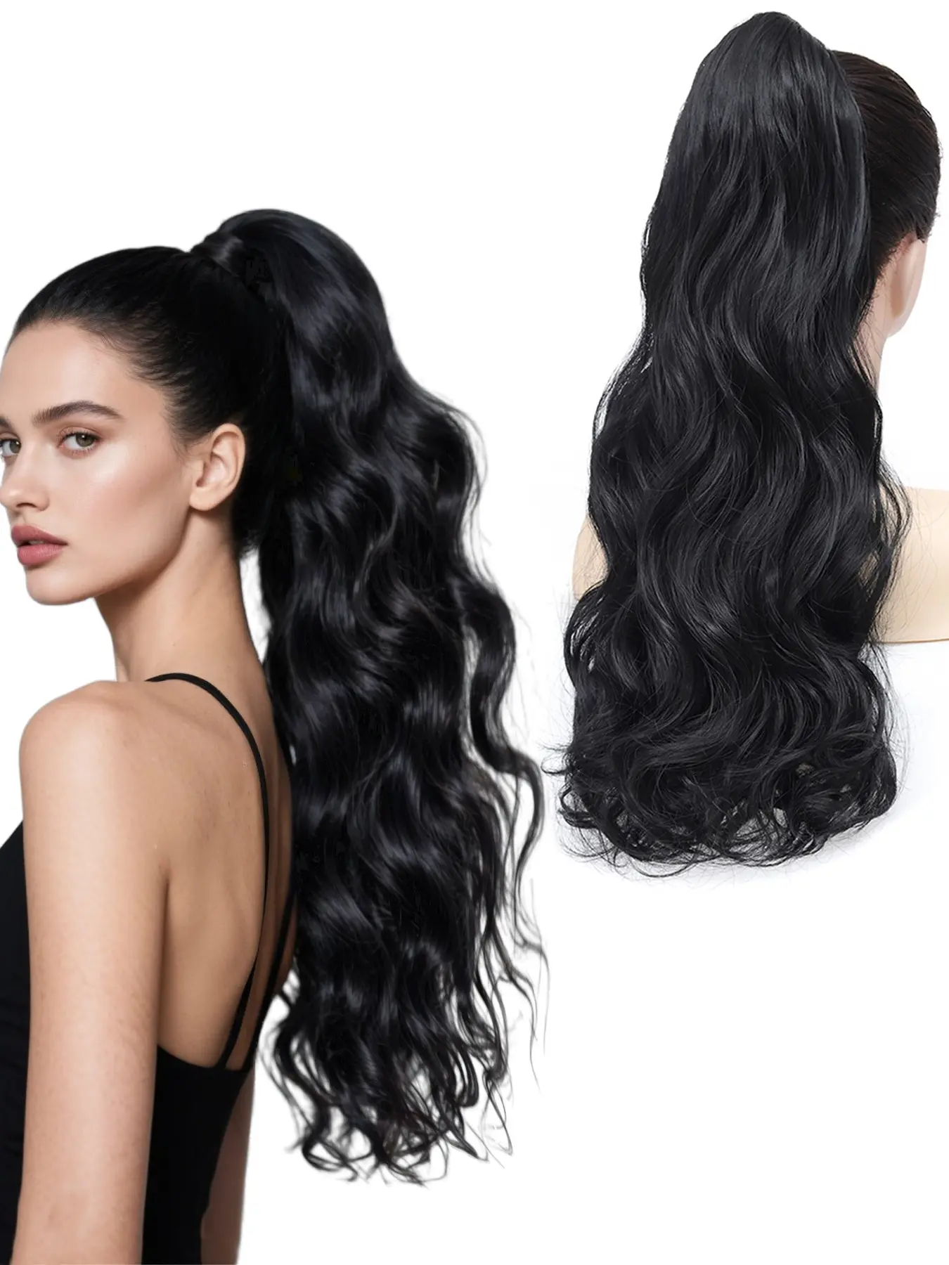 Women's Long Curly Ponytail Hairpiece, Curly Ponytail Extensions, Synthetic Curly Hair, Synthetic Ponytail Hairpieces, Curly Wavy Ponytail, Drawstring Style, Daily Use Wig (1b ), All-Season Wear, Easy-To-Attach Design
