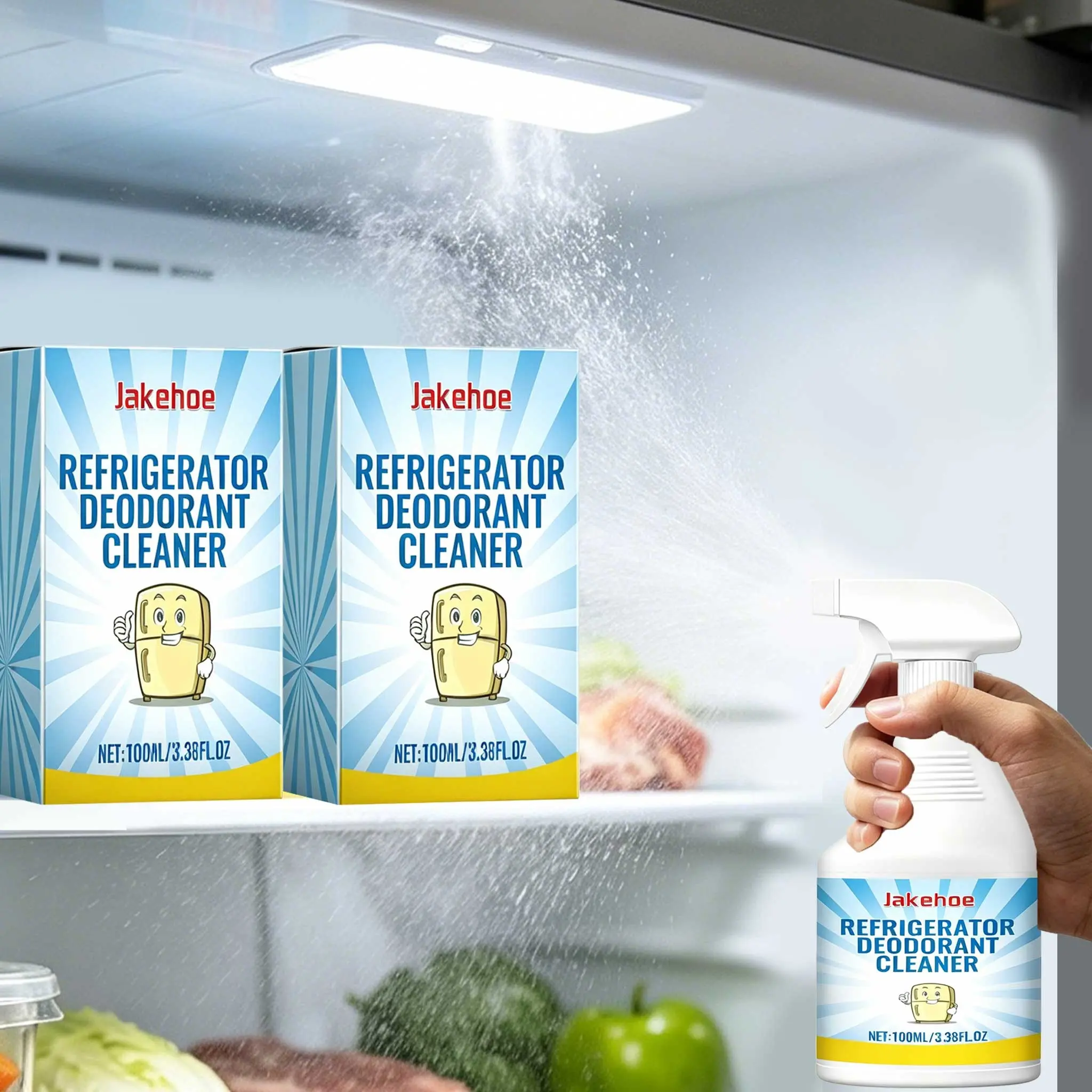 Jakehoe Refrigerator Deodorizer Cleaner, Fridge Odor Eliminator Cleaning Spray, Quick Stain Removal Solution, Essential Kitchen Care, Household Kitchen Cleaners