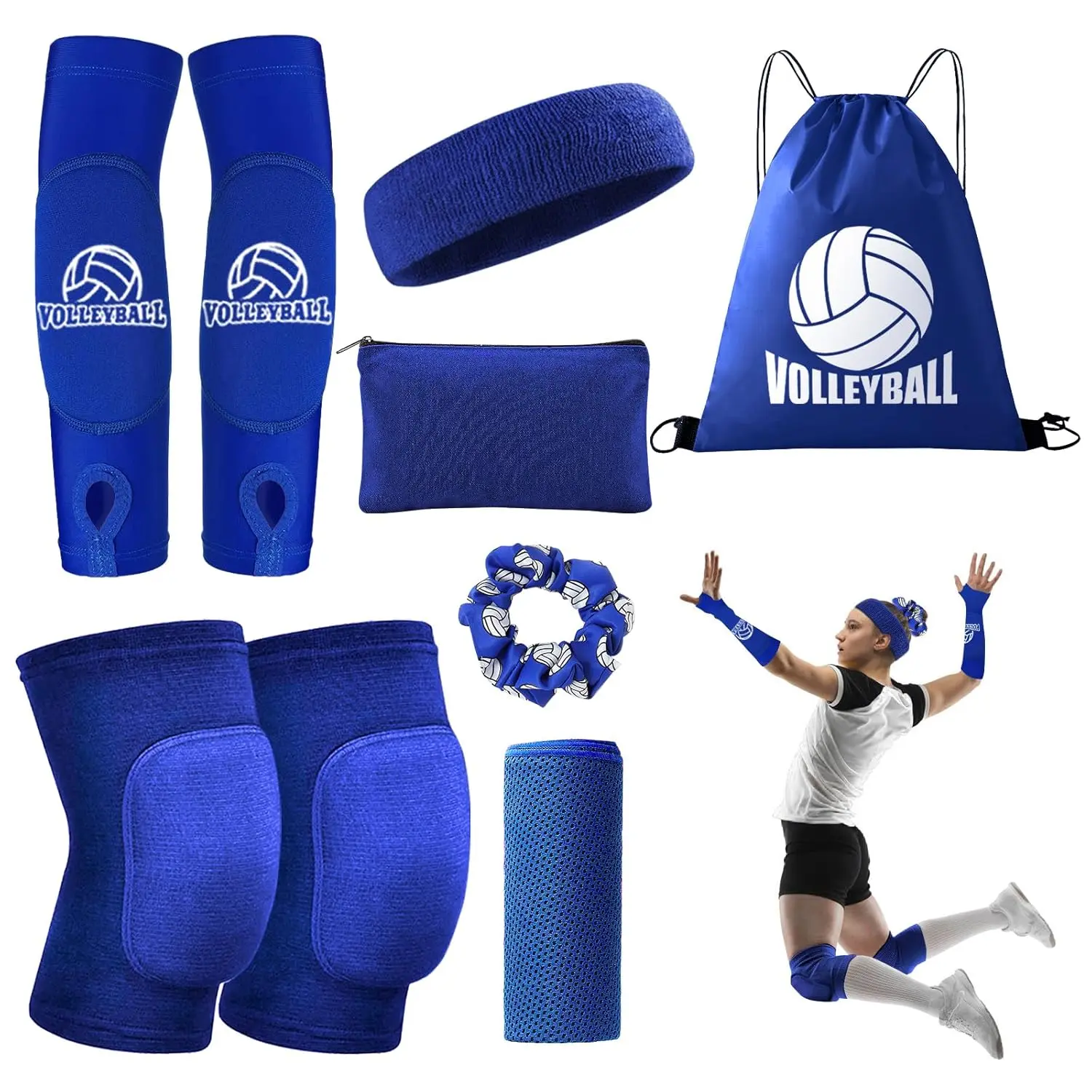 Volleyball  Pads Volleyball Arm Sleeves,  Volleyball Accessories Set with  Pads Arm Pads Sweatband Scrunchie Makeup Bag Cooling Towel and Drawstring Bag for Women Girls Youth Yifanyou Sports