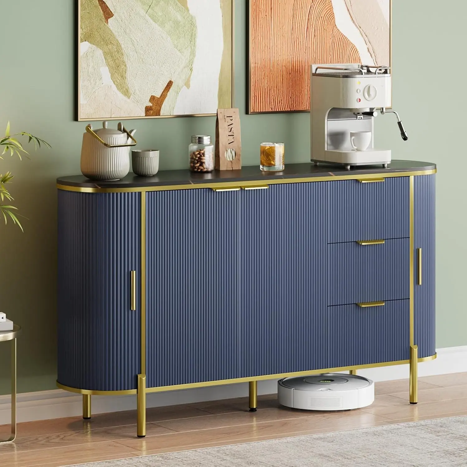 Gaomon 60in Navy Blue Glam Artisanal Fluted Sideboard Buffets Cabinet - MDF Eco-Friendly, Marble Look Oval Top, 2 Curved Sliding Doors, 3 Softclose Drawers, Reinforced Legs, 20 lbs Safe Storage for Living Room, Bar Display
