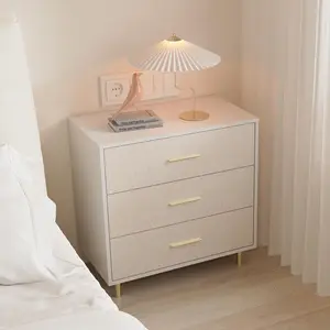 GARVEE Modern White 3 Drawer Chest of Drawers with Gold Handles and Legs, Wooden Nightstand with Linen-Textured Surface, Narrow Accent Cabinet End Table for Living Room and Bedroom