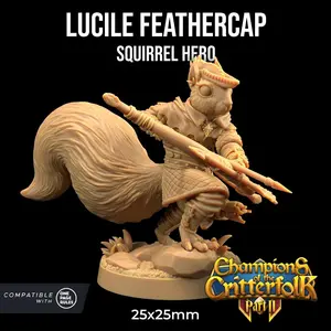 Lucile Feathercap Squirrel Archer Ranger | The Dragon Trappers Lodge | 32mm Scale | Miniature TTRPG Mini DnD Dungeons and Dragons Wargame