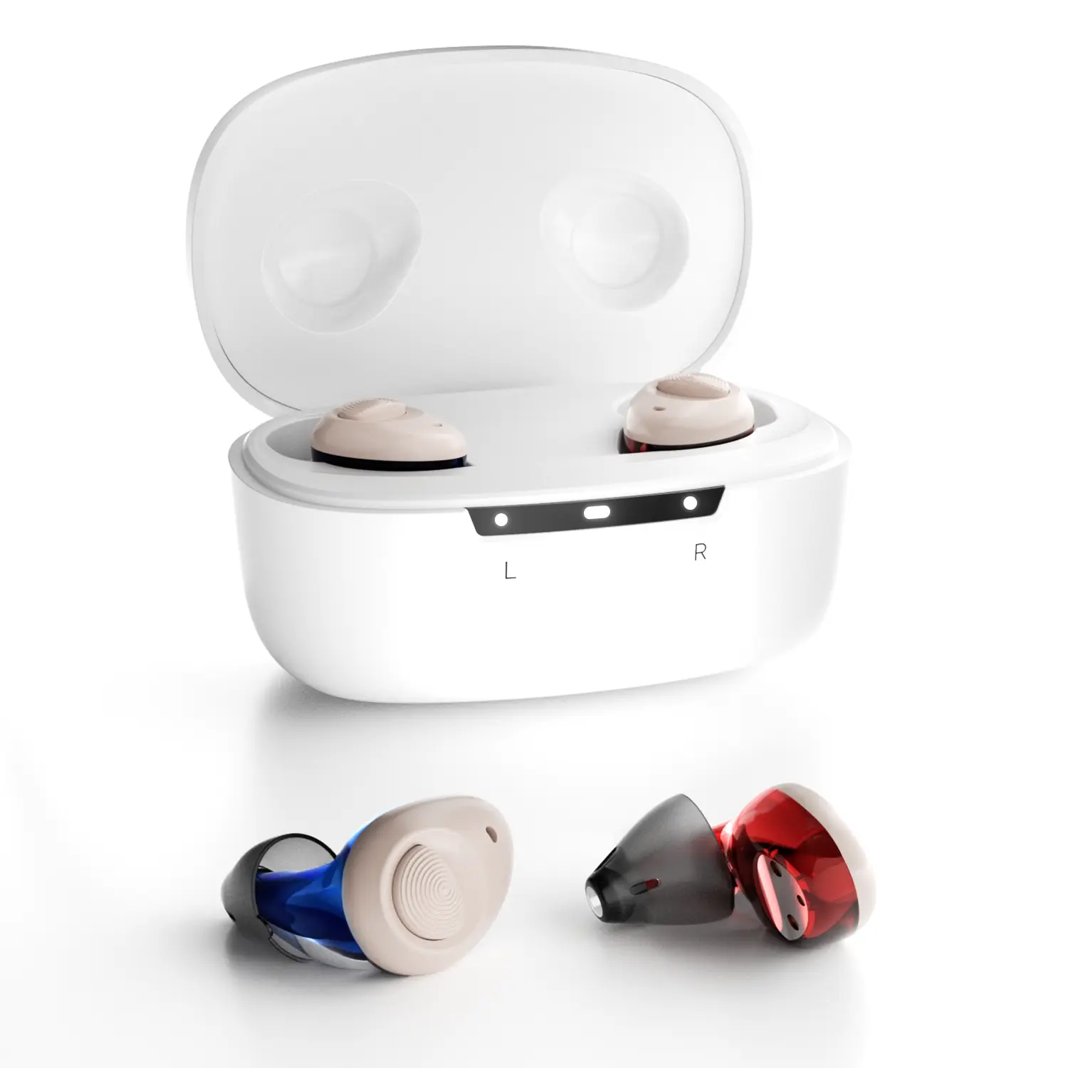 OTC Hearing Aids for Seniors Rechargeable, Advanced Intricon 16-Channel Digital Chip, Noise Reduction, Auto On/Off, Comfortable Hearing Aids for Mild to Moderate Hearing Loss, Red & Blue