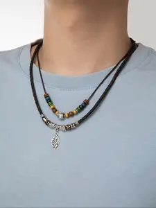 Men's Vintage Ethnic Pattern Beaded Necklace, Boho Style Leaf Charm Decor Adjustable Layered Necklace, Fashion Jewelry Accessories for Men As Gift