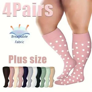 4 Pairs Plus Size Compression Socks Wide Calf for Men Women Knee Support Hose Medias De Compresión Para Mujer Accessories for Work Leg Long Compression Stockings Pregnancy Maternity Travel Beat Rated