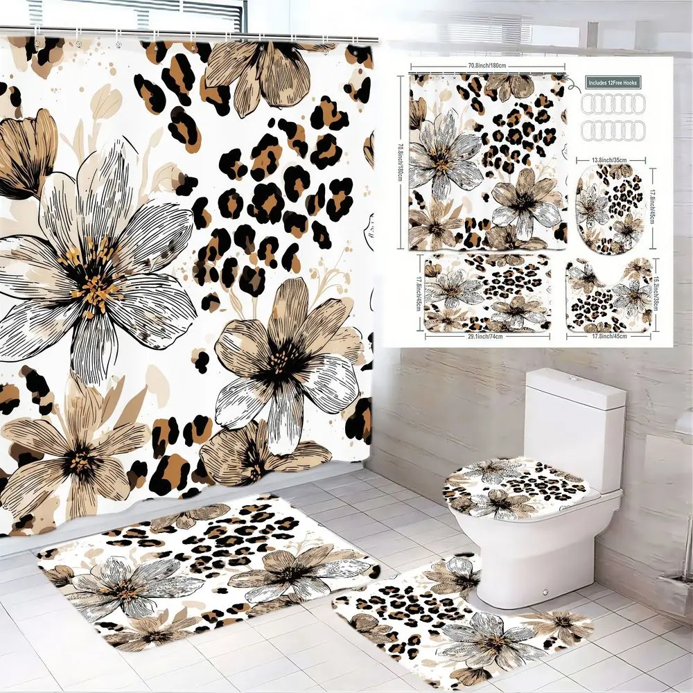 1/4pcs Easter Leopard Floral Shower Curtain Set - Gray Beige Flowers with Black Spots, Yellow Accents, Matching Toilet Seat Cover & 2 Bath Mats - Animal Print Botanical Bathroom Decor for Spring Home, Bathroom Supplies, Bathroom Decoration Accessories
