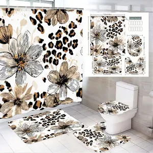1/4pcs Easter Leopard Floral Shower Curtain Set - Gray Beige Flowers with Black Spots, Yellow Accents, Matching Toilet Seat Cover & 2 Bath Mats - Animal Print Botanical Bathroom Decor for Spring Home, Bathroom Supplies, Bathroom Decoration Accessories