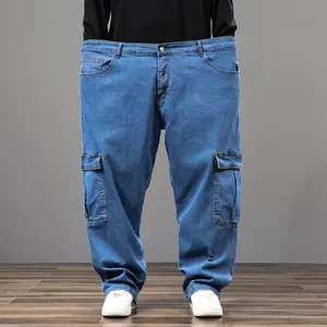 Men's Plus Size Cargo Denim Pants Multi-Pocket Drawstring Stretch Waist Loose Straight Leg