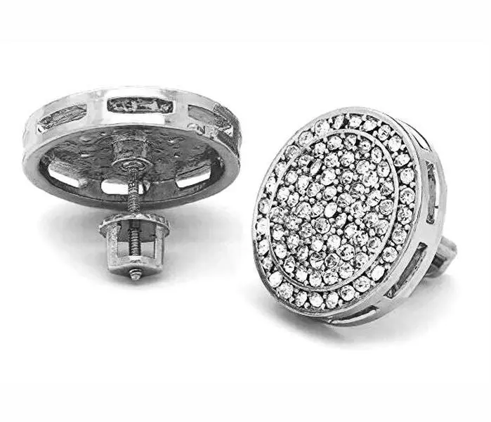 Large Iced CZ Silver Plated Round Earrings Screw Back 20mm