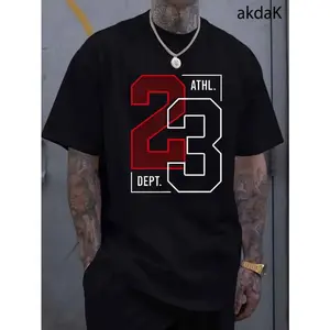 Men'S Casual "23" Pattern T-Shirt - White Short Sleeves, Crew Neck, Summer Fashion T-Shirt, Red and Black Print, Suitable for Casual Wear plus size