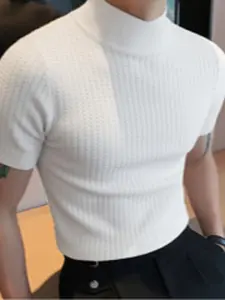 Fashion Men's Half Turtleneck Short Sleeve Knit Tee – Slim Fit Textured Waffle Knit Casual T-Shirt for Daily Wear Knitwear