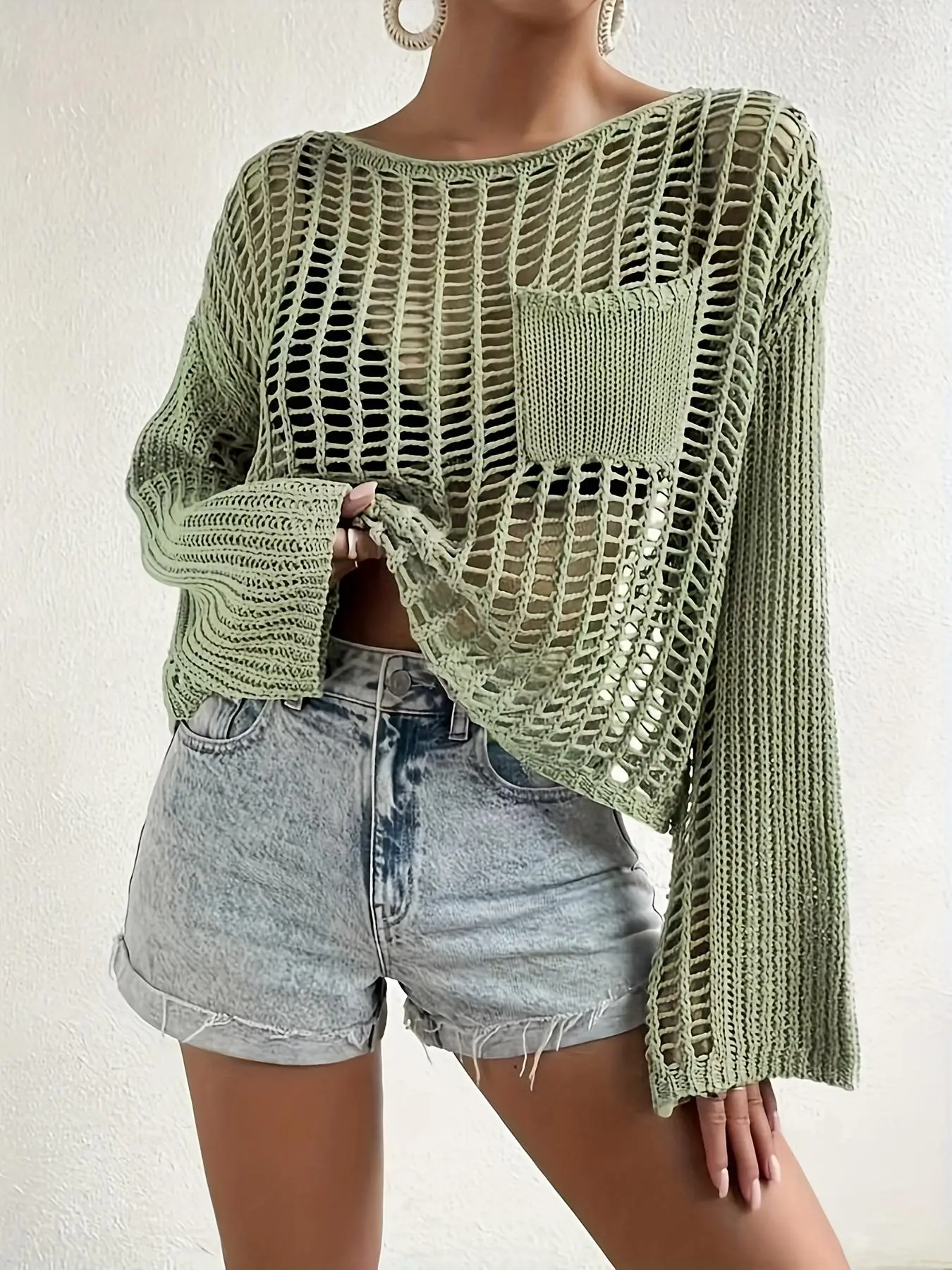 Women's Solid Pocket Hollow Out Round Neck Sweater, Casual Drop Shoulder Long Sleeve Jumper for Spring & Fall, Summer Outfits 2024, Women's Knitwear f