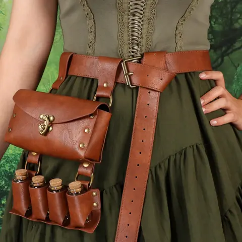 Medieval Retro Waist Belt, Alchemist Belt with 4 Cork Potion Bottles, Boho Style Belt, Halloween Fantasy Wizard Vintage Hip Bag, Cosplay Accessory, Western Buckle Belt, Western Concho Belts, Costume Waist Belt