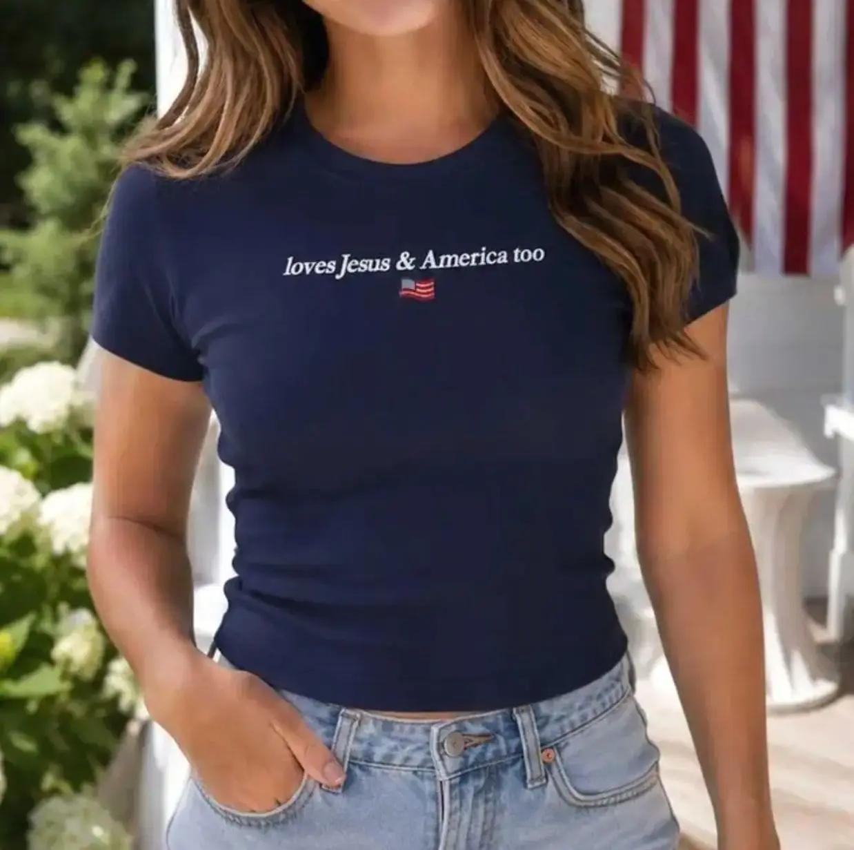 Loves Jesus And America Too Baby Tee, Faith And Freedom Print Baby Tee, 4th Of July Womens, Patriotic Bella Canvas Ribbed Tee, Gift For Her, Available In Sizes XS–2XL