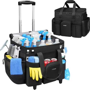 XXL Cleaning Caddy with Wheels, Large Rolling Cleaning Caddy Bag with Detachable Trolley for Housekeepers, Water Resistant Cleaner Supplies Organizer with Wheels for Kitchen, Tool Organizer