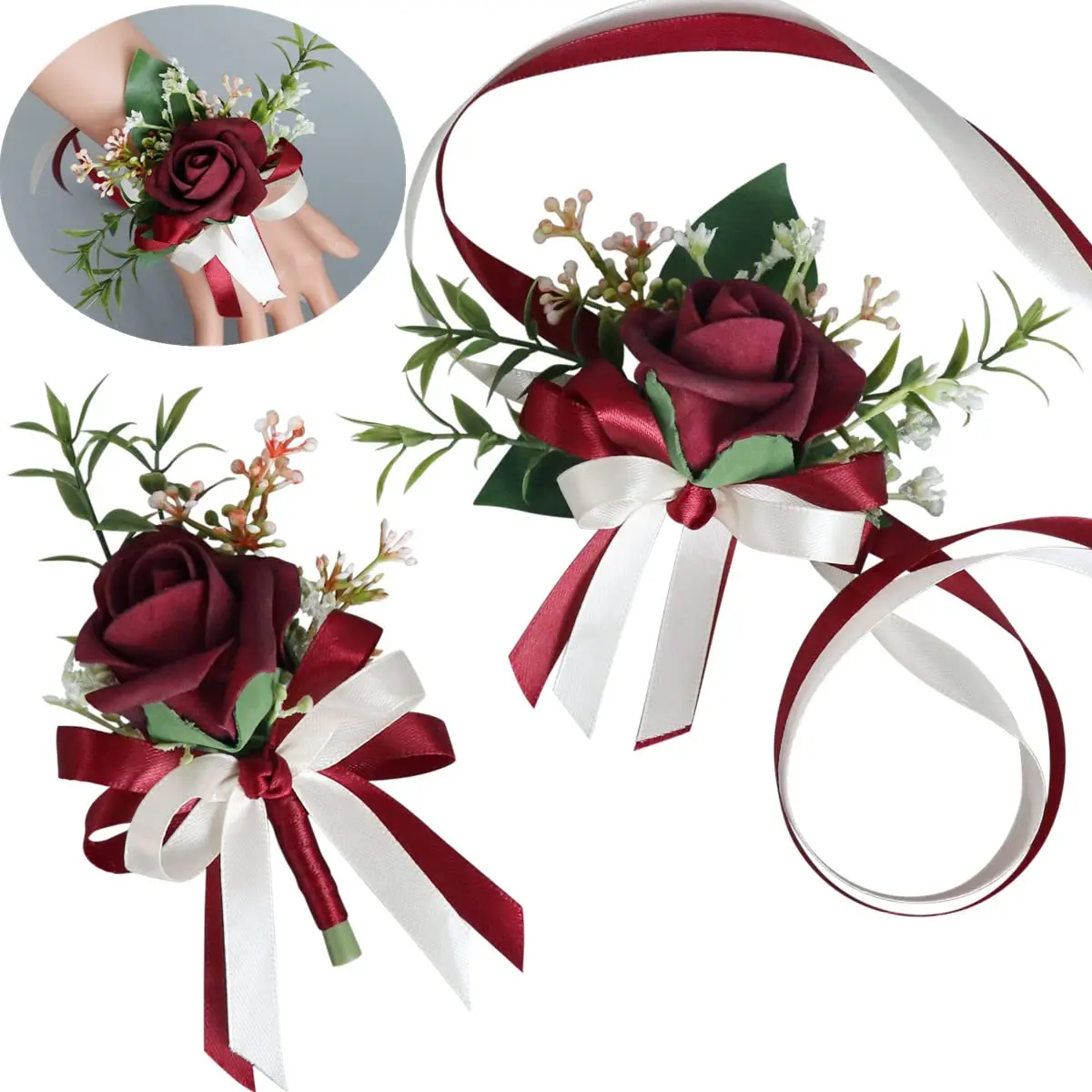 2pcs Rose Flower Wrist Corsage Boutonniere Set Bride Hand Men For Wedding Party Prom Decorations,handmade Artificial (wine Red Rose)