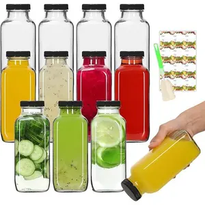12 oz Glass Bottles with Lids 12Pack, 360ml Glass Bottles for Juicing, Water, Kombucha - Portable Glass Juicing Bottles Reusable Glass 12oz (12fl.oz, Set of 12)