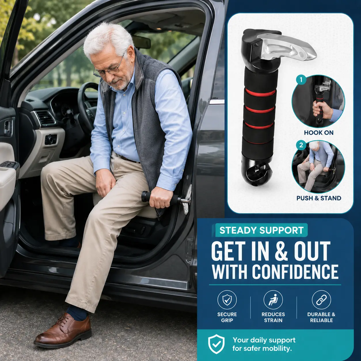3-in-1 Car Door Assist Handle - Firm-Grip Safety Hammer Window Breaker, Multifunctional Vehicle Support Kit for Elderly & Handicapped Passengers to Aid Back Seat Entry