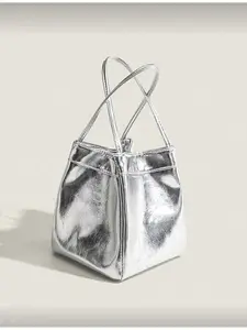 2026 Summer Spring New Fashion Silver Women's Handbag Fashionable Handbag Lunch Box Bag Shiny PU Leather Handbag Y2K Style Cut Square Wing Makeup Bag Bucket Bag