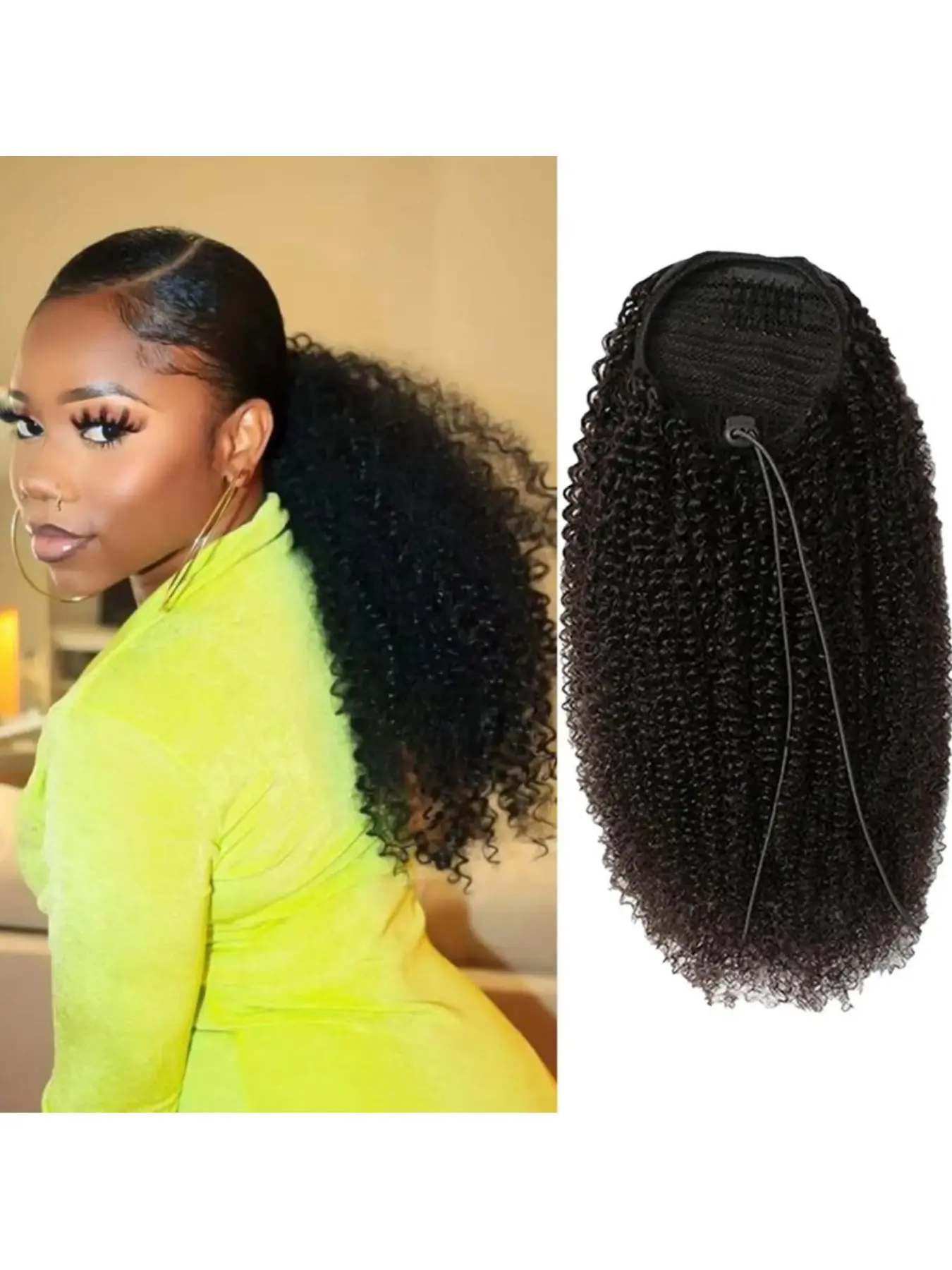 Human Hair Pony Tail Hair Extensions 100g, Kinky Curly Afro Curly Ponytail Extension, Drawstring Glueless Clip in for Women, Natural Look, Easy Application