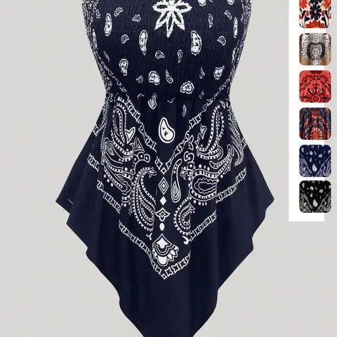 【Black Friday】Plus Size Women's Ethnic Pattern Strapless Top, Bohemian Style Asymmetrical Hem Tube Top, Casual Fashion Summer Top