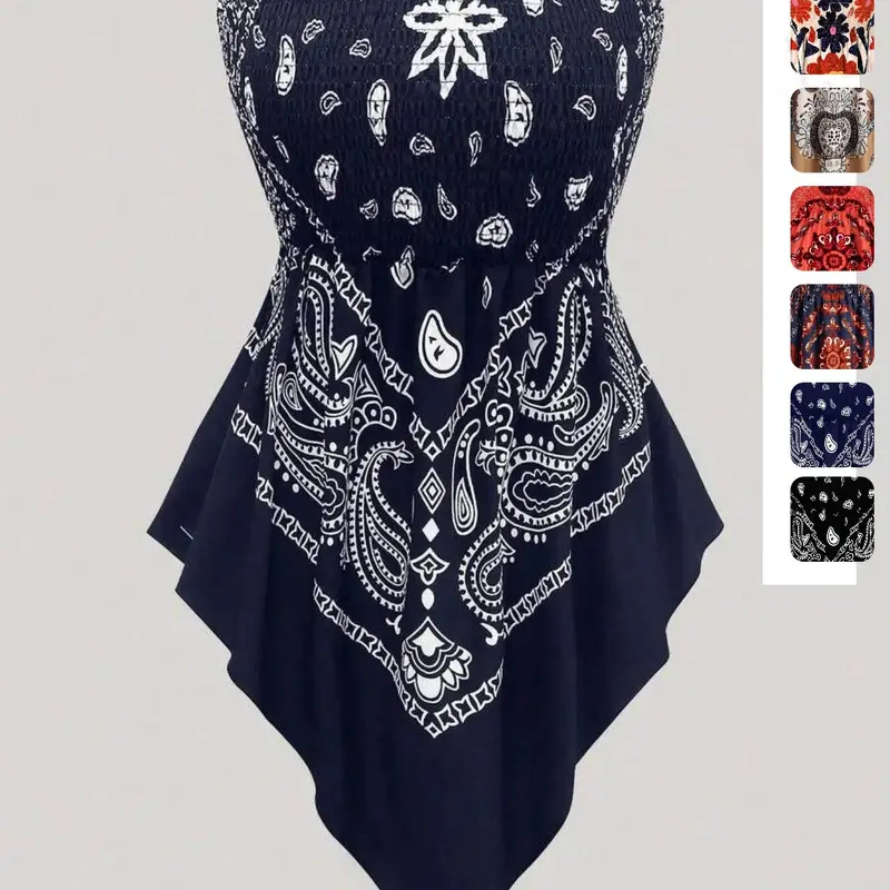 【Black Friday】Plus Size Women's Ethnic Pattern Strapless Top, Bohemian Style Asymmetrical Hem Tube Top, Casual Fashion Summer Top