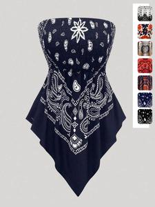 Plus Size Women's Strapless Towel Print Top, Ruffled Bohemian Style Pleated Hem Sleeveless Blouse, Casual Summer Fashion