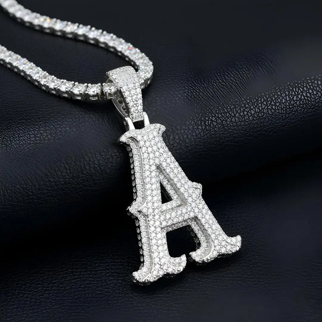 Iced Out Initial Letter Pendant in 925 Sterling Silver, Unisex Custom Hip Hop Jewelry with 2.5ct VVS1 D Moissanite, Large 38mm, Passes Diamond Tester, GRA Certified, Alphabet Detail Pendant, Custom Jewelry