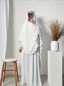 Dubai Women's Plain Long Muslim Robe Set, Two Piece Set Women, Single Layer Ruffled Hijab + Solid Color Abaya, Elegant Modest Casual Style, All Seasons, Party Wear