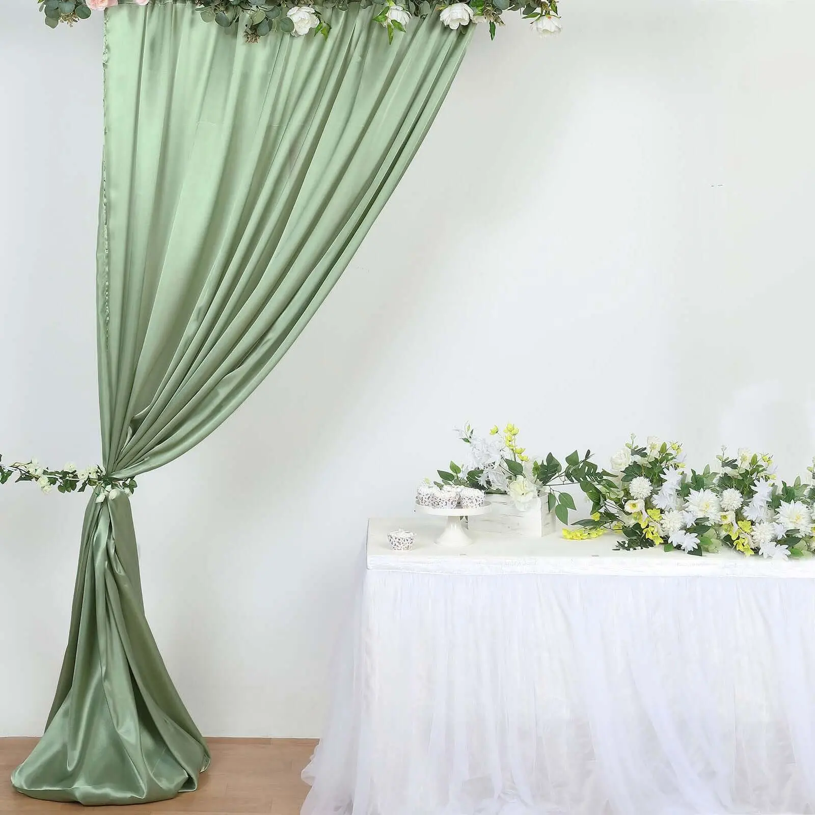 Sage Green Satin Fabric Festive Backdrops & Banners - 8ftx10ft Drape Curtain, Home & Party Supplies for Photo Booth, Wedding, Bridal Shower, Birthday Party Window Event Divider Panel
