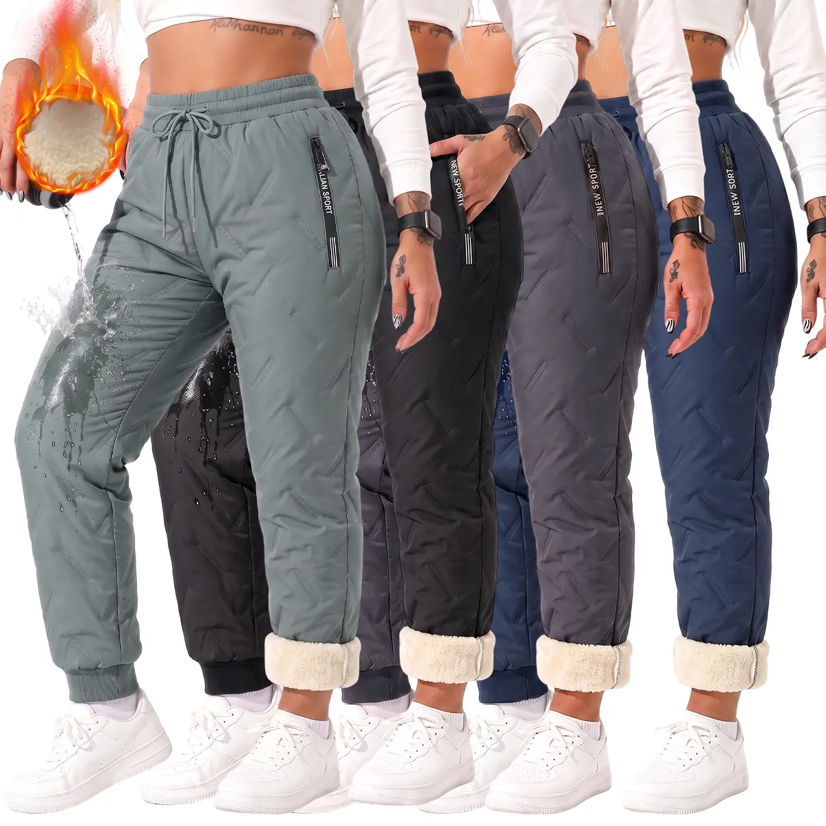JOGWAVE Women’s 4PCS Polyester Fleece-Lined Full-Length Mid-Waist Winter Pants - Loose Fit, Zip Pockets, Warm Basic Athletic Bottoms for Activewear, Women's Clothing