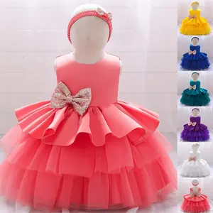 Kids Clothes with Headband White Flower Girls Frock 1966 Puffy Ball Gown Pageant Children Elegant Princess Prom Host Formal Evening Party Cocktail Dress 0-5Y