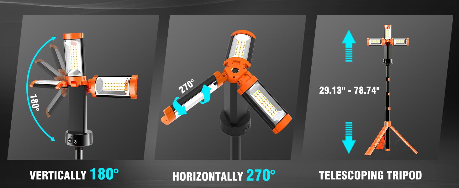 ADEWALK 12000mAh Camping Light with Stand, Rechargeable Work Light, 10000 Lumen Dimmable Cordless Work Light with 3 LED Lamp Heads, Magnetic Emergency Flashlight with 79" Detachable Tripod