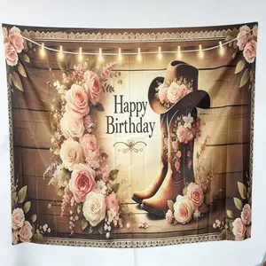 Cowboy Boots & Hat Pattern Birthday Party Banner, Flower Cowboy Birthday Party, Photo Props Background Cloth, Birthday Party Decorations, Indoor & Outdoor Decoration, Party Decorations Banners, Ornaments