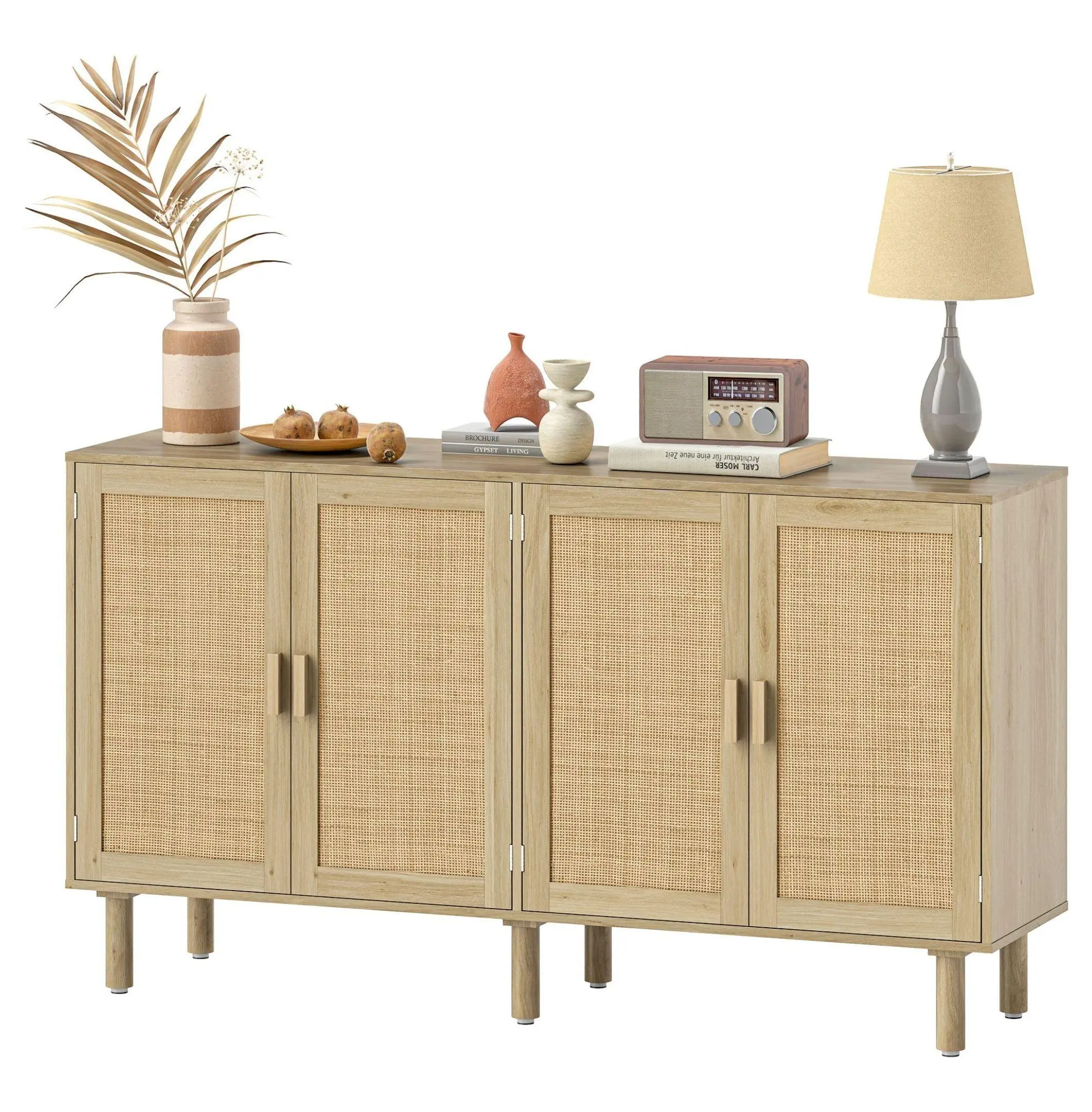 Bohemian Sideboard Buffet, 62.2" Rattan Cabinet for Living Room, Natural Wood Storage Organizer with Shelves