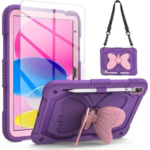 for iPad 10th Generation Case for Girls 2022 10.9 Inch for iPad A16 Case 11th Generation 2025 with Screen Protector Shoulder Strap Butterfly Wings Stand Pencil Holder Rugged Cover-Purple