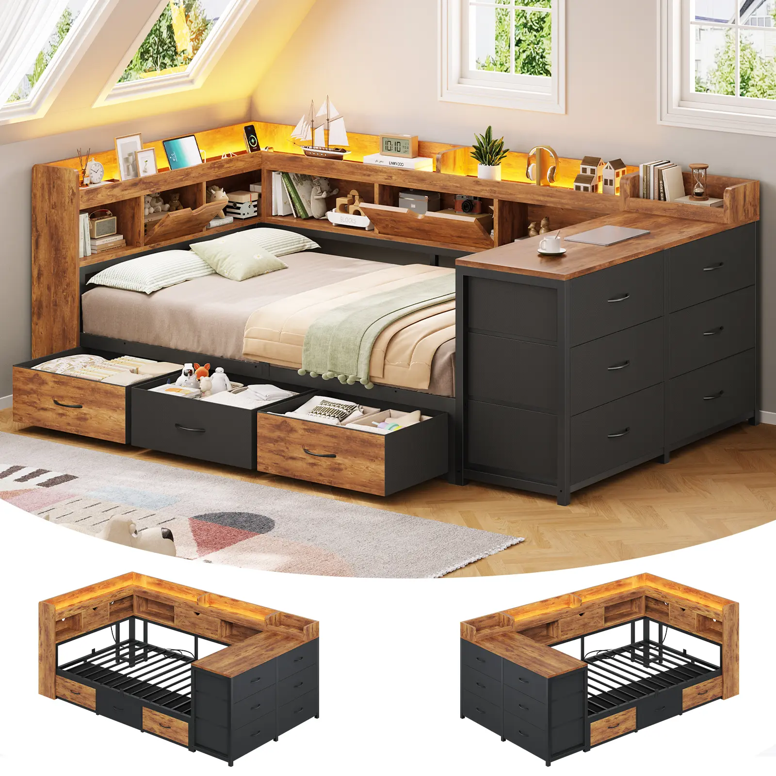 AOGLLATI Twin Corner Bed Frame - 9 Drawers, Charging Station, LED Daybed, Hidden Compartments, Bookcase Nook, Twin Bed Frame