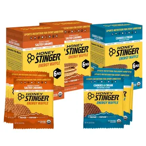 Honey Stinger Organic & Gluten Free Energy Waffle Variety Pack 12 Salted Caramel and 6 Cookies & Cream Waffles Nutritious Stroopwafel Snack for Exercise, Endurance and Performance