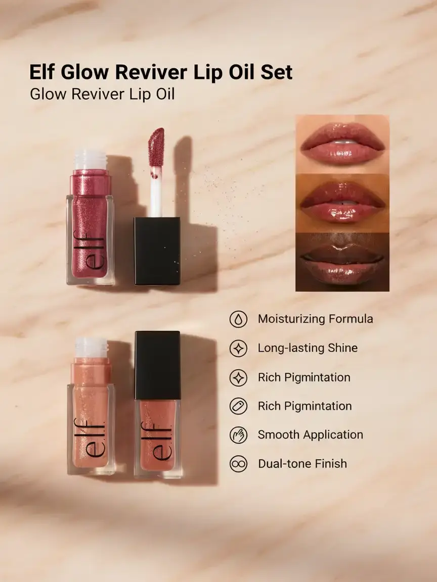 E.L.F. Glow Reviver Lip Oil Glimmer Bundle in Chocoluxe and Super-Neutral Gloss Lip Care