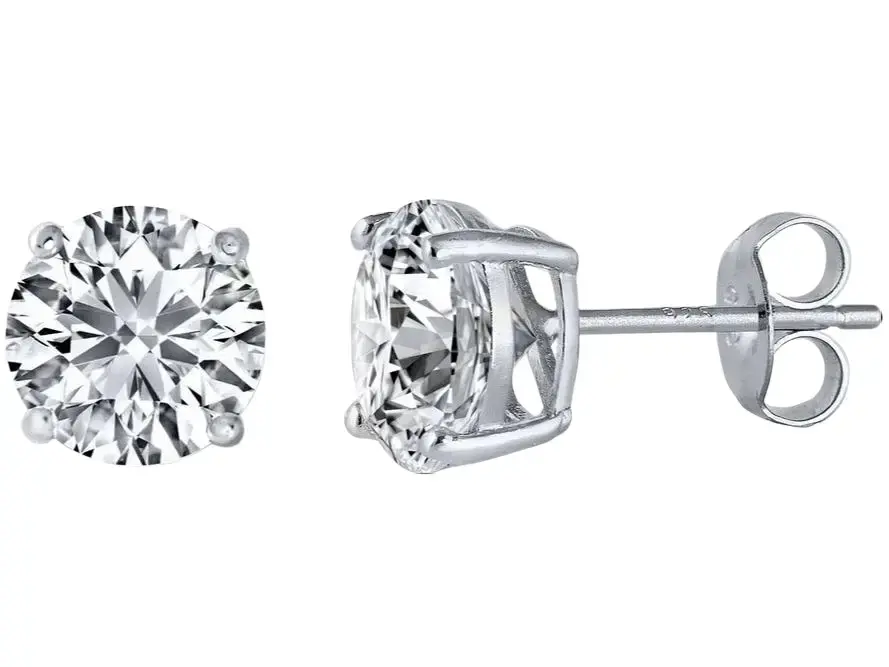 Sterling Silver Round Cubic Zirconia Stud Earring. Set on High-Quality Prong Setting with Rhodium Finish & Friction Style Post