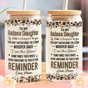 Gift - To My Daughter Funny Glass Cup With Lid & Straw, 16 oz Coffee Cups Gift For Daughter From Mom, 2 Sided Printed Bamboo Lid, PAWFECTHOUSE