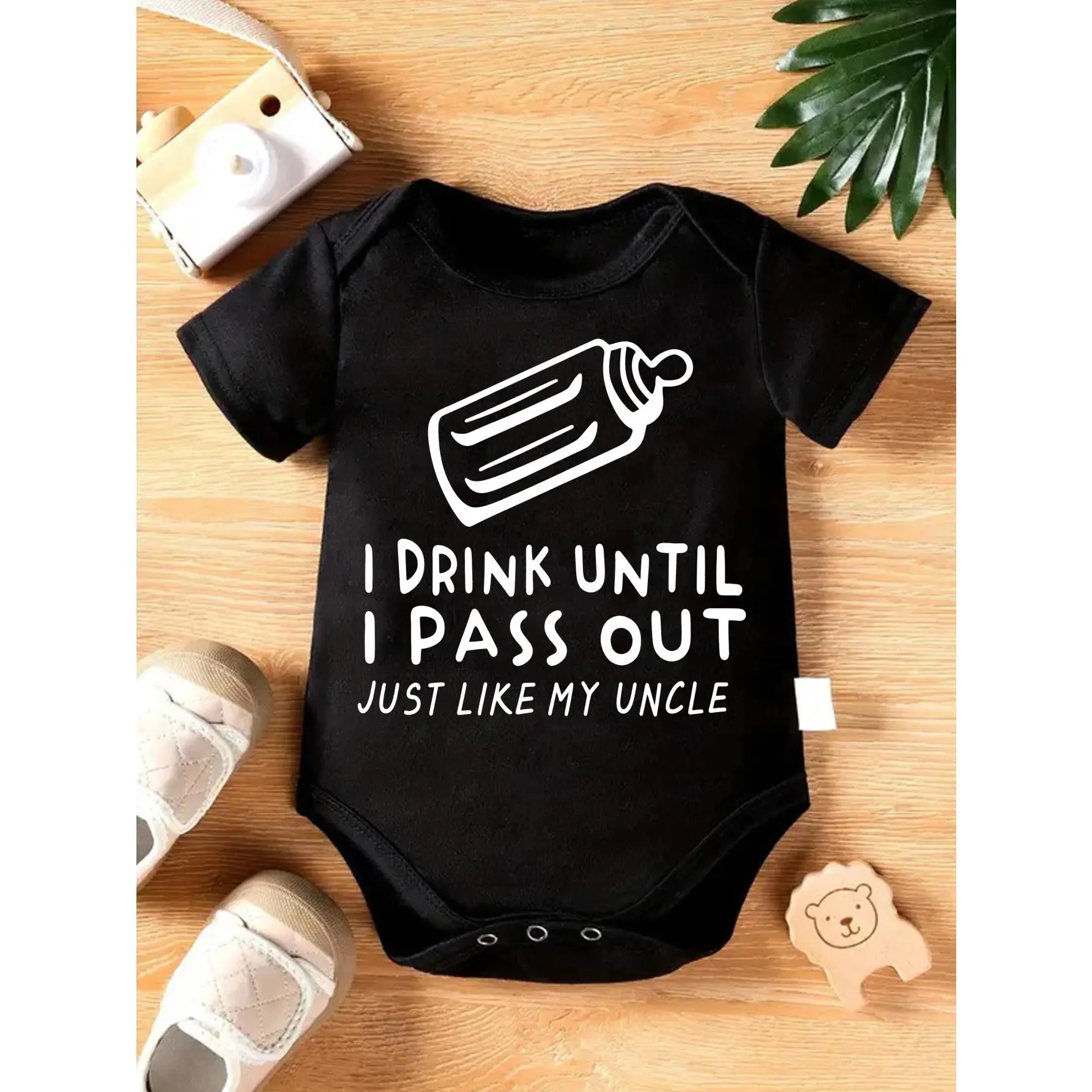 Cute Baby Bodysuit with I Drink Until I Pass Out Just Like My Uncle Print Soft Versatile Round Neck Button Detail Regular Fit All Seasons Knitted Fabric Onesie for 0-12 Months