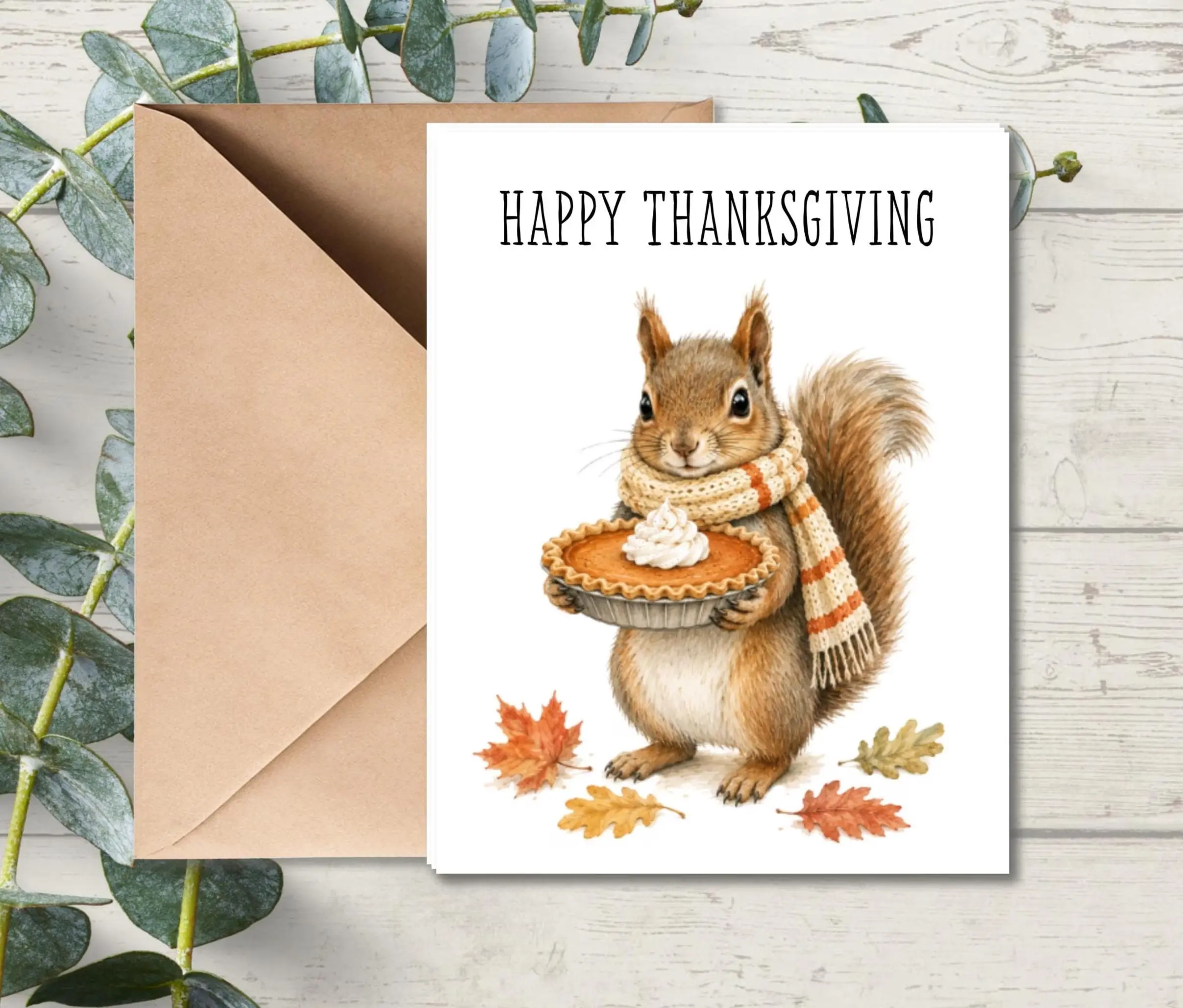 Watercolor Squirrel Thanksgiving Card, Cute Squirrel Holding Pumpkin Pie Greeting Card, Happy Thanksgiving Card, Fall Greeting Card