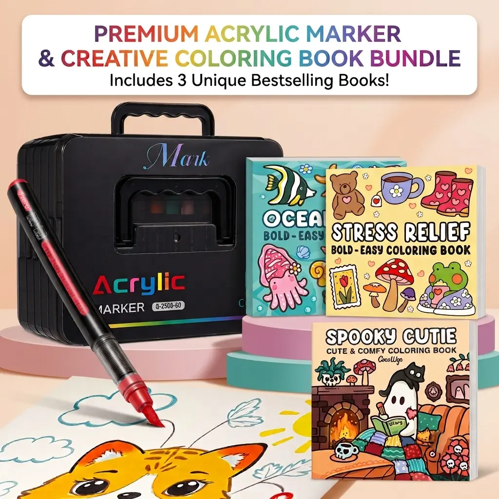 Acrylic Paint Marker Set with 3 Coloring Books, Direct Liquid Non-Toxic Ink Soft Brush Pens for Adults Kids DIY Crafting & Stress Relief Bundle